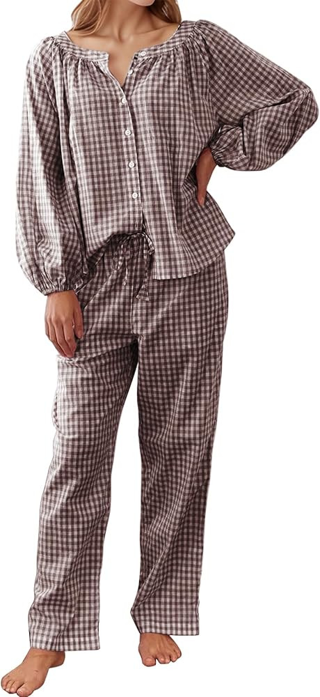 Flygo Womens Gingham Pajama Set 2 Piece Cotton Plaid Raglan Sleeve Button Top Straight Leg Pants ... | Amazon (US)
