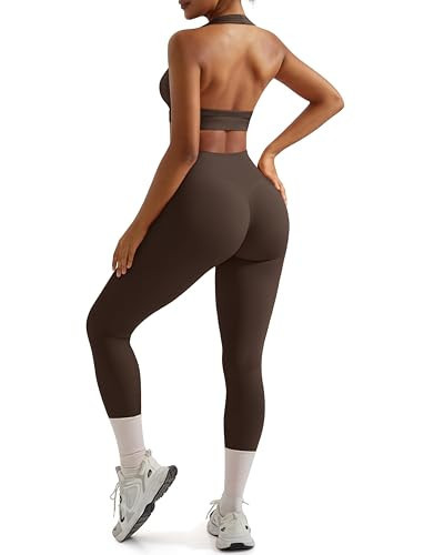 RXRXCOCO Backless Workout Sets for Women 2 Piece Halter Sports Bra Hidden Scrunch High Waisted Gym Leggings Matching Set Brown Large | Amazon (US)