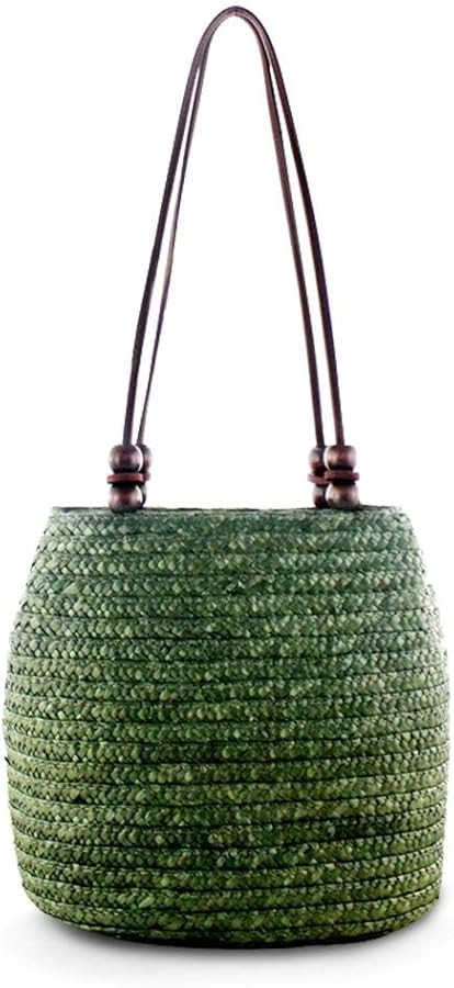 Women Retro Bucket Straw Bag Handwoven Rattan Beach Tote Shoulder Bag with Brown Bead (Green) | Amazon (US)