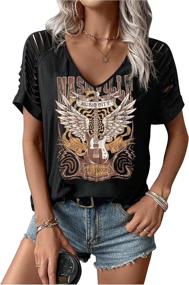 LANMERTREE Cut Out V Neck T Shirts Nashville Outfits for Women Casual Loose Shirt Country Music G... | Amazon (US)
