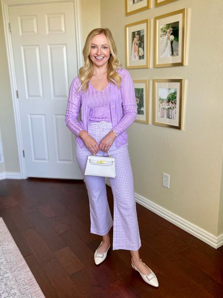 Wearing a 2P in pants and XS in sweater set! | spring workwear, work outfit, gingham pants, work pants, crop pants, lavender outfit, lavender sweater 

#LTKworkwear #LTKfindsunder100 #LTKSeasonal