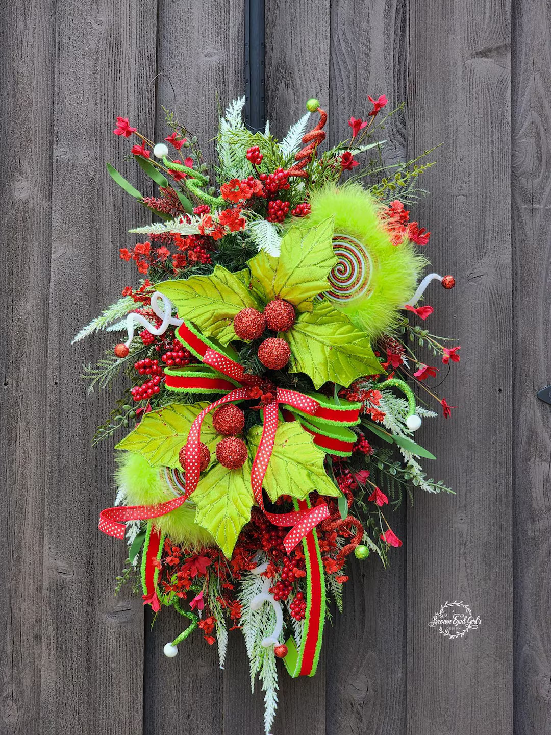 Lime Green & Red Lollipops, Holly Berries, Beautiful Ribbons Make This Wreath the Real Christmas ... | Etsy (US)