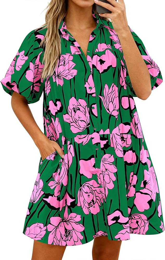 PRETTYGARDEN Womens Summer Dresses 2026 Casual Puff Sleeve Button Down Mini Shirt Dress Boho Flor... | Amazon (US)