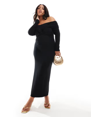 ASOS DESIGN Curve off the shoulder twist midi dress with long sleeves in black | ASOS (Global)