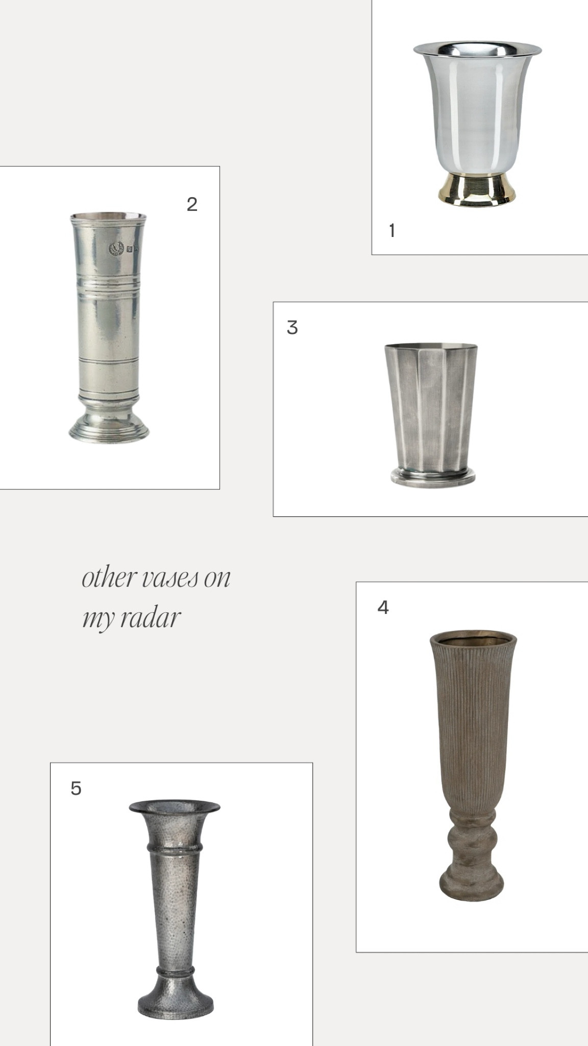 Pewter, silver and dark brown tulip urn vases

#LTKHome