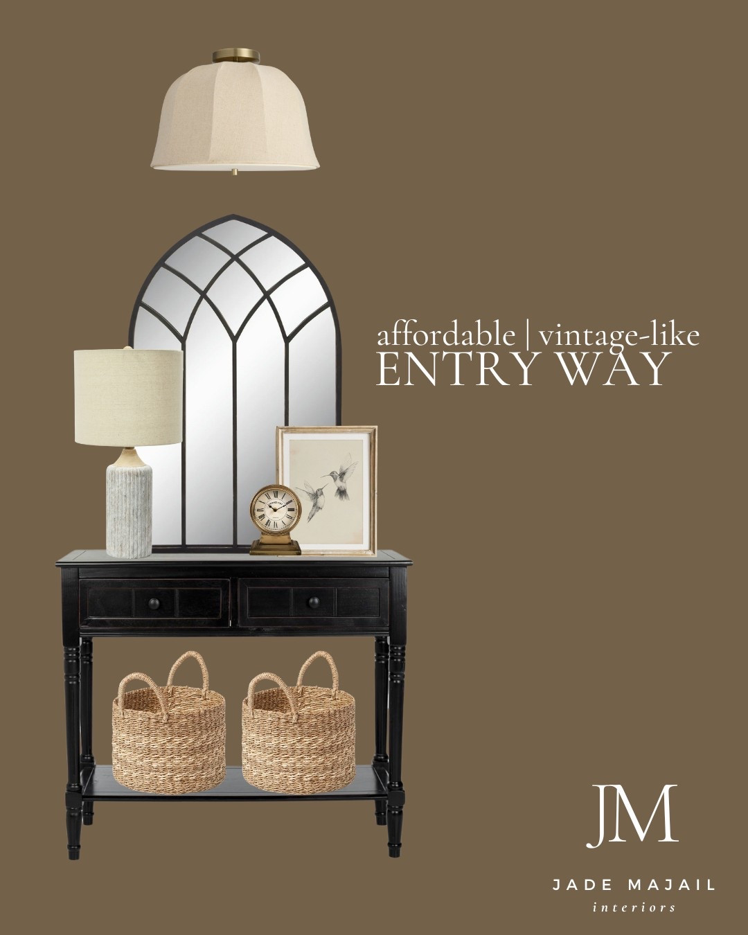 Affordable, vintage-like entry way design 😍 Entire look is UNDER $500!

Console table, mirror, semi flush mount light fixture, sketch art, table lamp, wicker baskets, clock, home decor

#LTKHome
