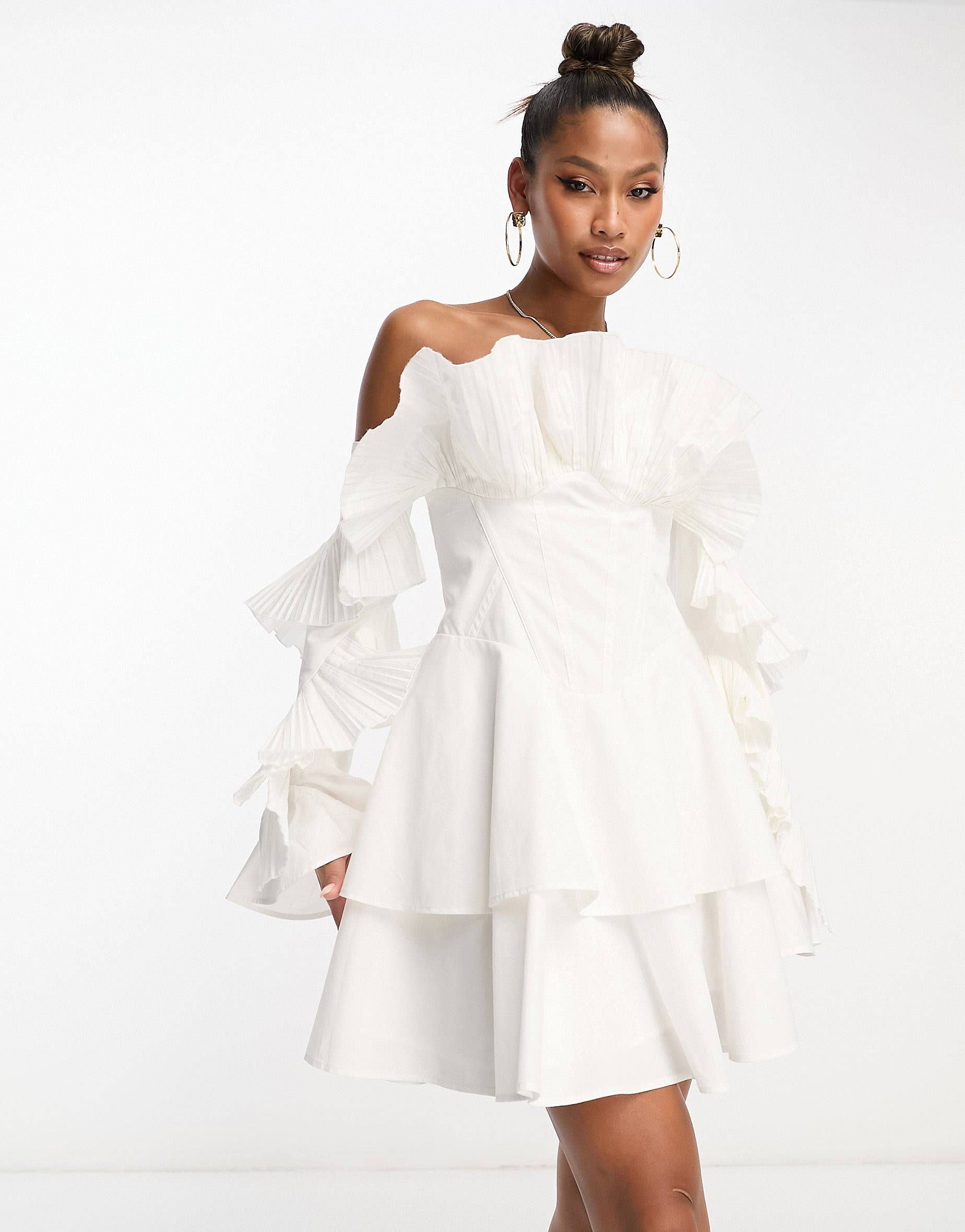 ASOS LUXE pleated off shoulder mini skater dress in white | ASOS (Global)