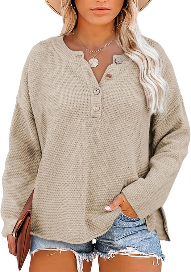 Eytino Womens Plus Size Sweaters Casual Long Sleeve Loose V Neck Button Henley Tops Pullover Knit... | Amazon (US)