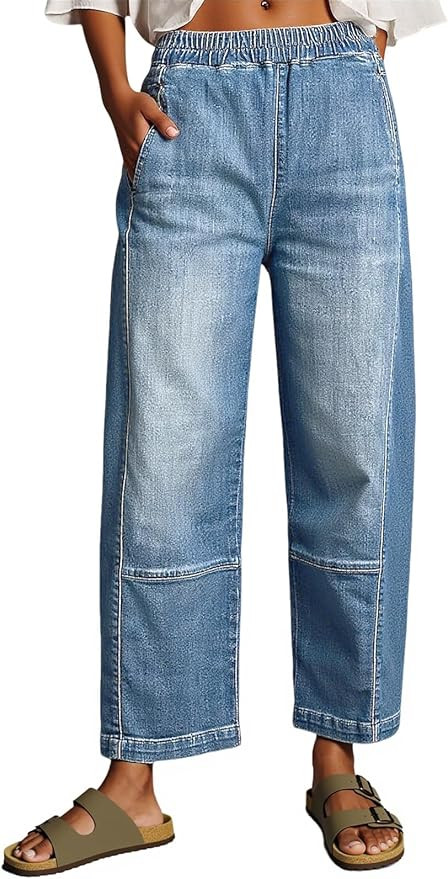 Cicy Bell Womens Baggy Cropped Jeans Elastic High Waisted Wide Leg Trendy Stretchy Seam Barrel Ca... | Amazon (US)
