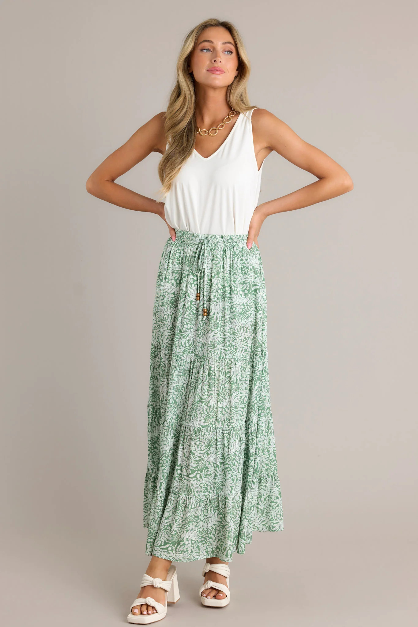 Blissful Moments Light Green Floral Maxi Skirt | Red Dress