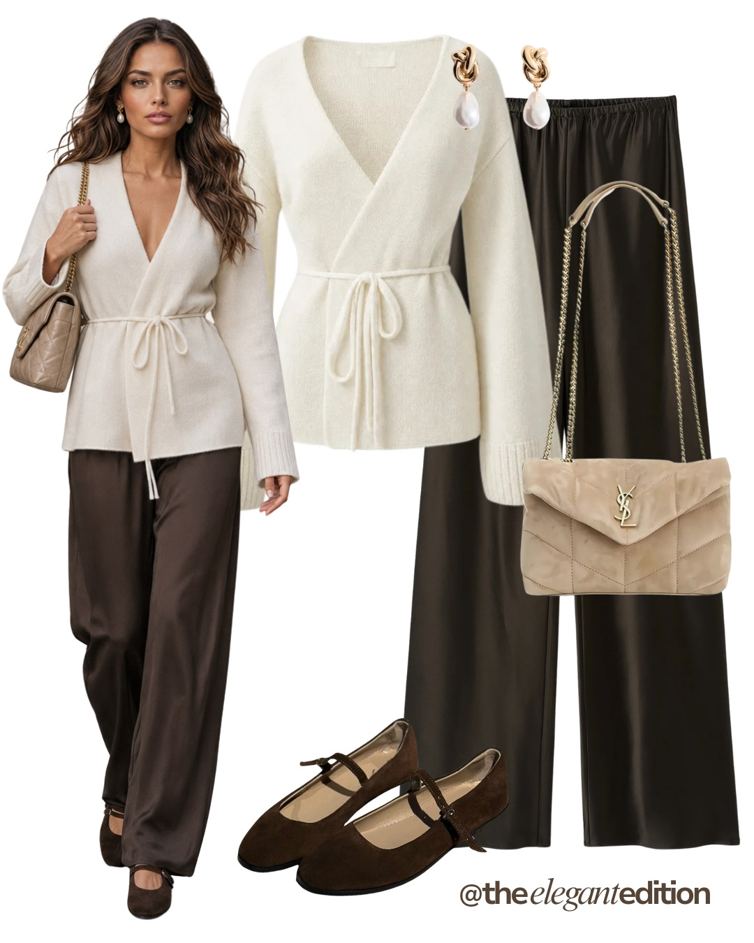 WRAP CARDIGAN LOOK - Cream wrap-tie cardigan styled with chocolate satin wide-leg trousers, an easy transitional outfit for autumn #wrapcardigan #satintrousers #maryjaneflats #LTKautumn #LTKshoes #LTKstyletip 

 #LTKFashionMonth #LTKeurope #LTKautumn