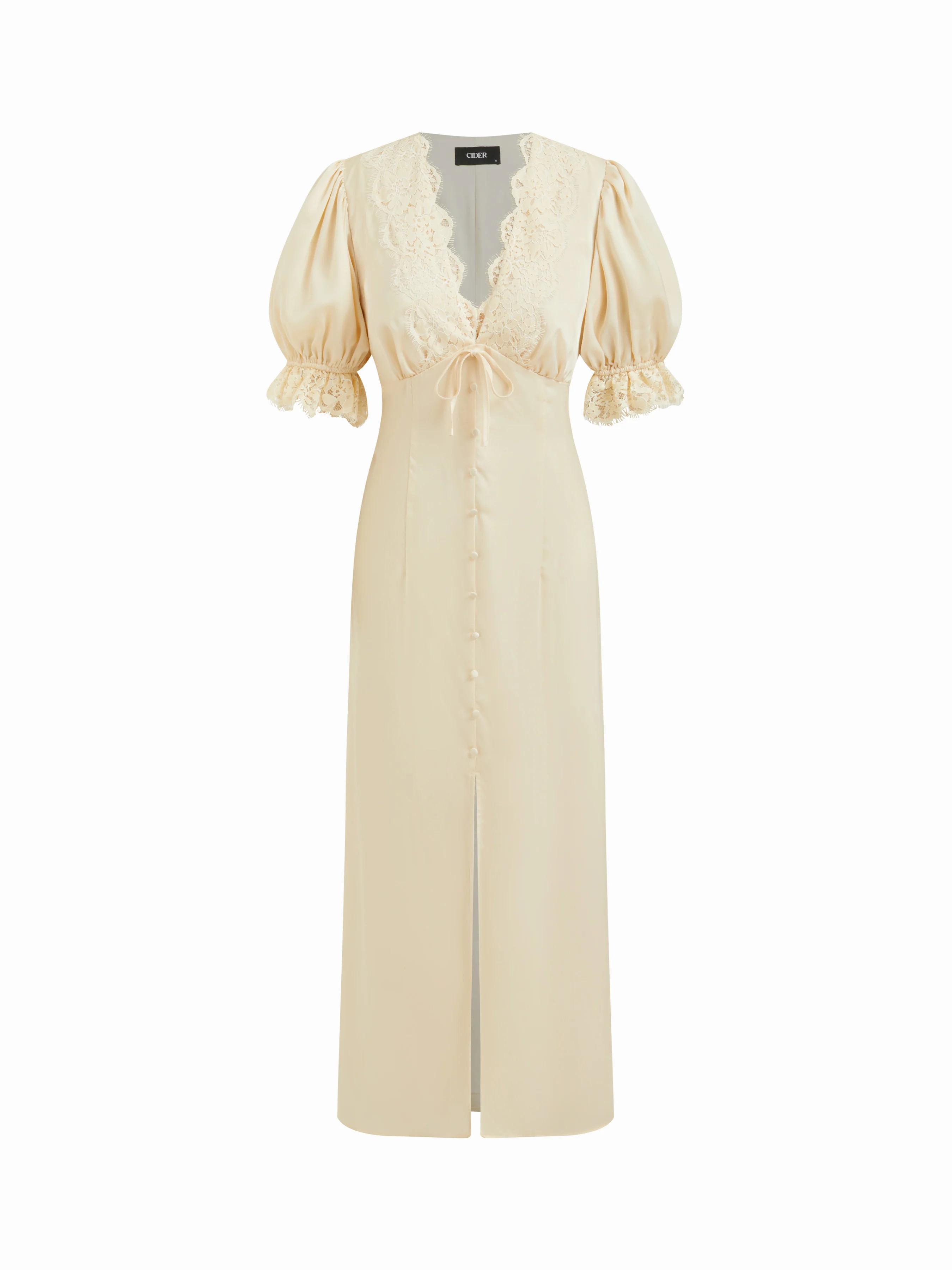 Valentine Satin Satin V-neck Lace Trim Tie Front Puff Sleeve Maxi Dress For Daily Casual Date | Cider