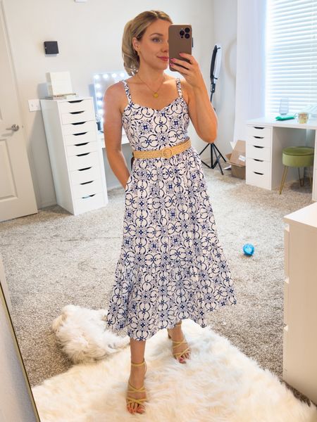 Cute blue and white midi dress for summer currently on sale. Straps are elastic and it has pockets  

#LTKSaleAlert #LTKTravel #LTKFindsUnder100