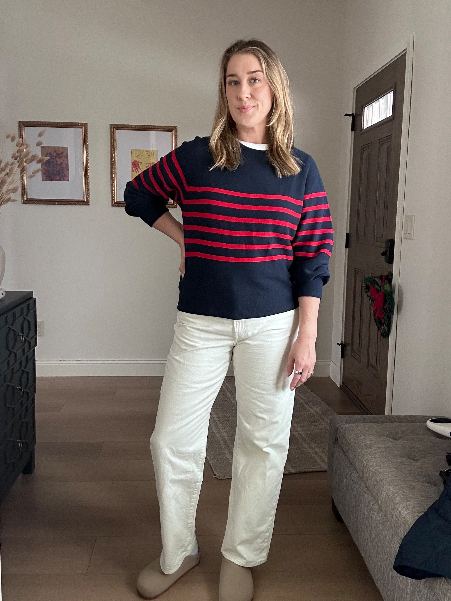 My new favorite straight off white jeans, and at an amazing price point (only $49). Being pregnant I have no idea what my true size would be, but reviews say the pants run big.

My tops are also Uniqlo. 

 #LTKootd #LTKMidsize #LTKTall