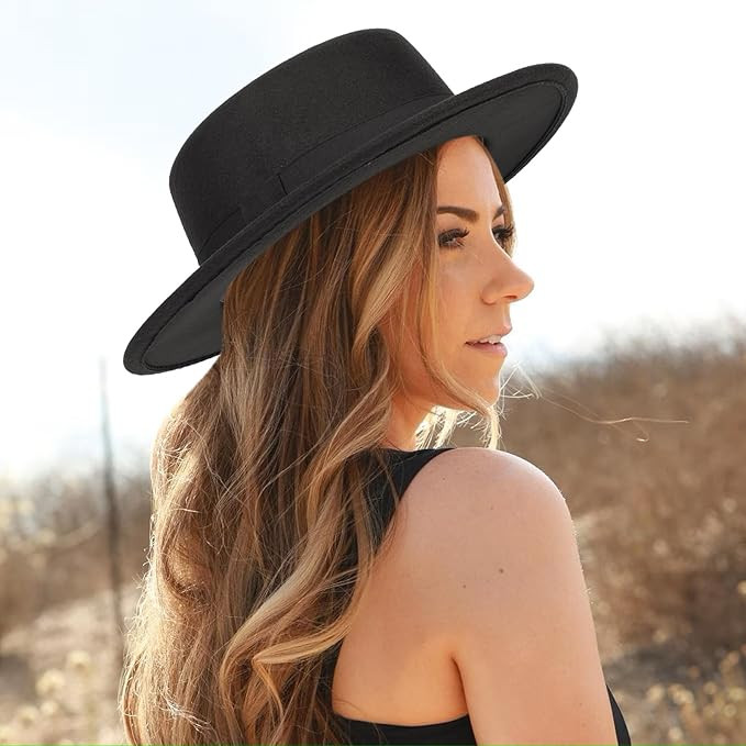 Pork-Pie-Fedora-Hat Wide Brim Felt Flat-Top-Boater Hat for Men Women(Size:M) | Amazon (US)