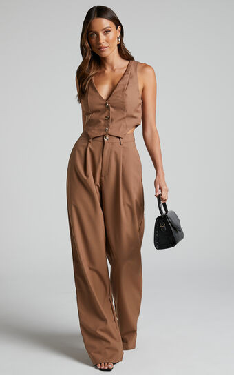 Izara Trousers - Mid Rise Relaxed Straight Leg Tailored Trousers in Mocha | Showpo (US, UK & Europe)