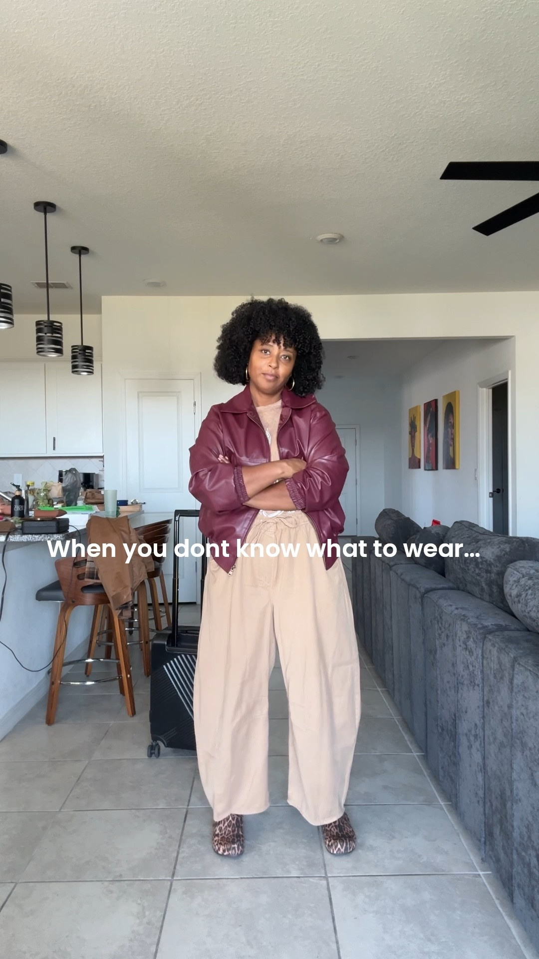 Khaki colored horseshoe pants and wine colored leather bomber 

#LTKPlusSize #LTKOver40 #LTKMidsize