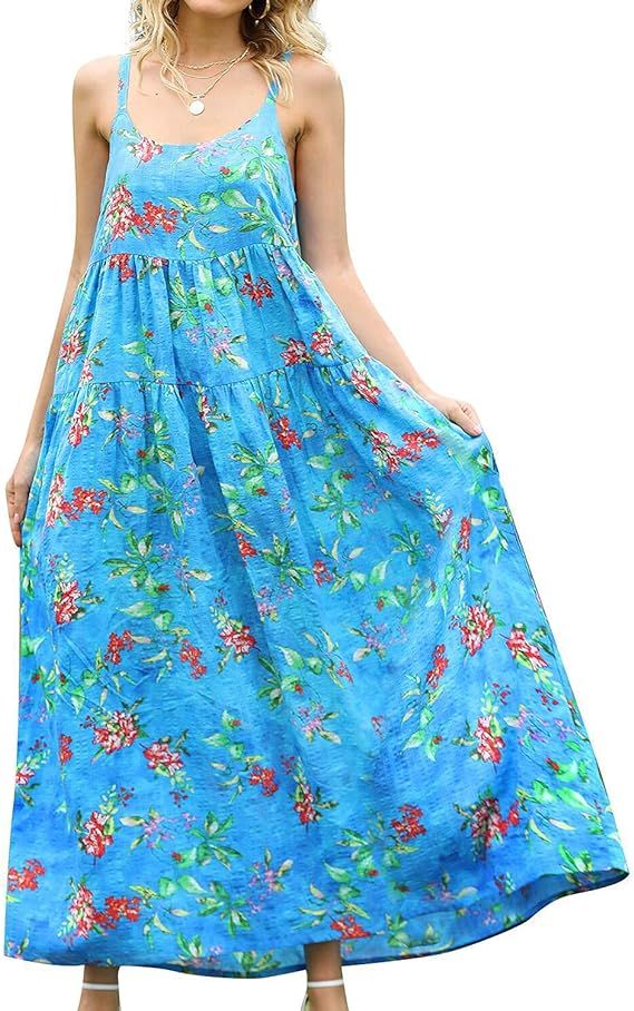 YESNO Women Casual Loose Bohemian Floral Print Dresses Spaghetti Strap Long Summer Beach Swing Dr... | Amazon (US)