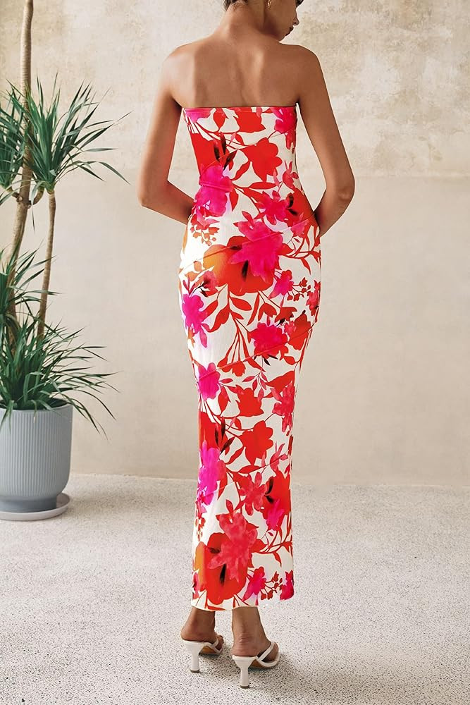 PRETTYGARDEN Women's 2026 Summer Floral Bodycon Maxi Dresses Ribbed Strapless Tube Casual Boho Pa... | Amazon (US)