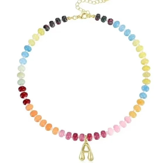 Women's Initials Necklace, Colorful Beaded Gemstone Bubble Letter Pendant Necklace Natural Stone ... | Walmart (US)