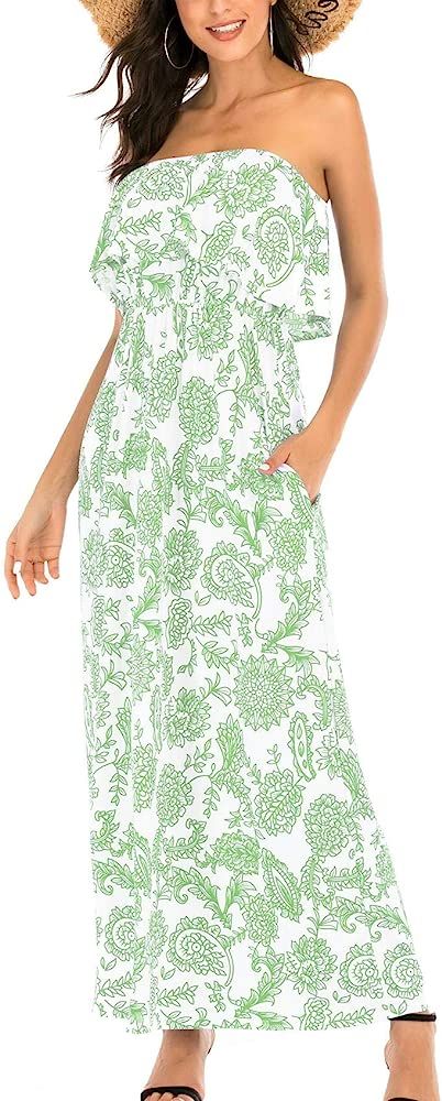 Womens Ruffled Printed Floral Long Strapless Summer Dresses with Pockets | Amazon (US)