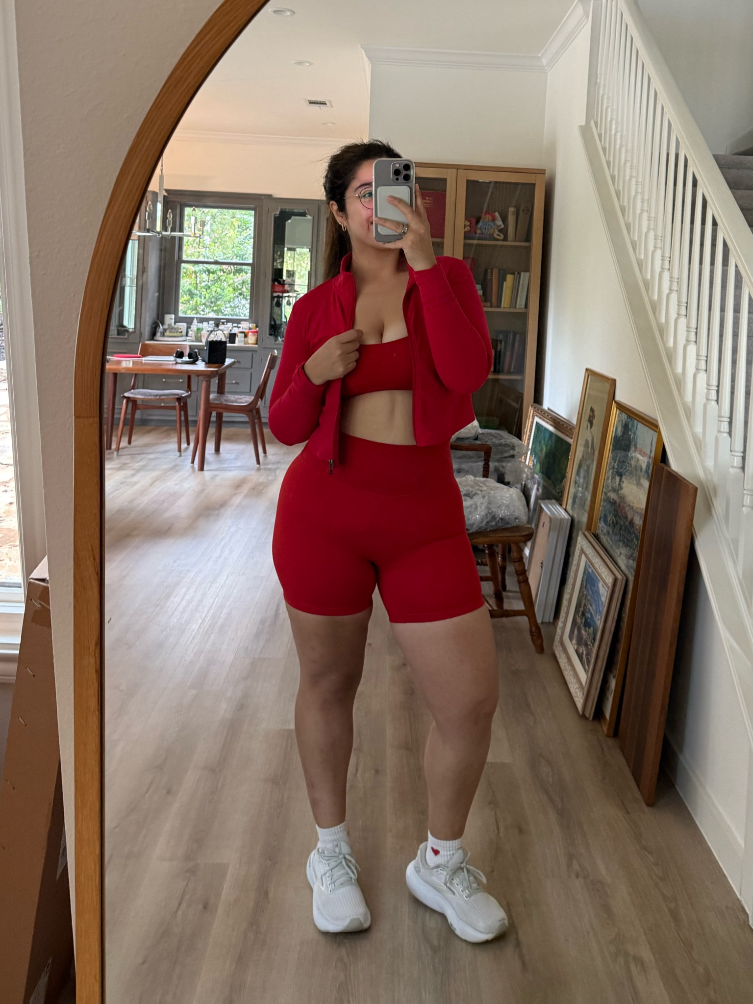 Red workout set! Medium in the shorts, jacket, and large in the bra!

#LTKActive #LTKSeasonal #LTKMidsize