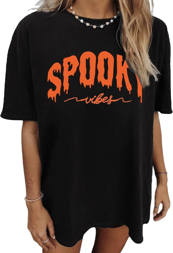 Halloween Shirts for Women Spooky Season Shirt Graphic Letter Print Oversized T Shirt Vintage Sho... | Amazon (US)