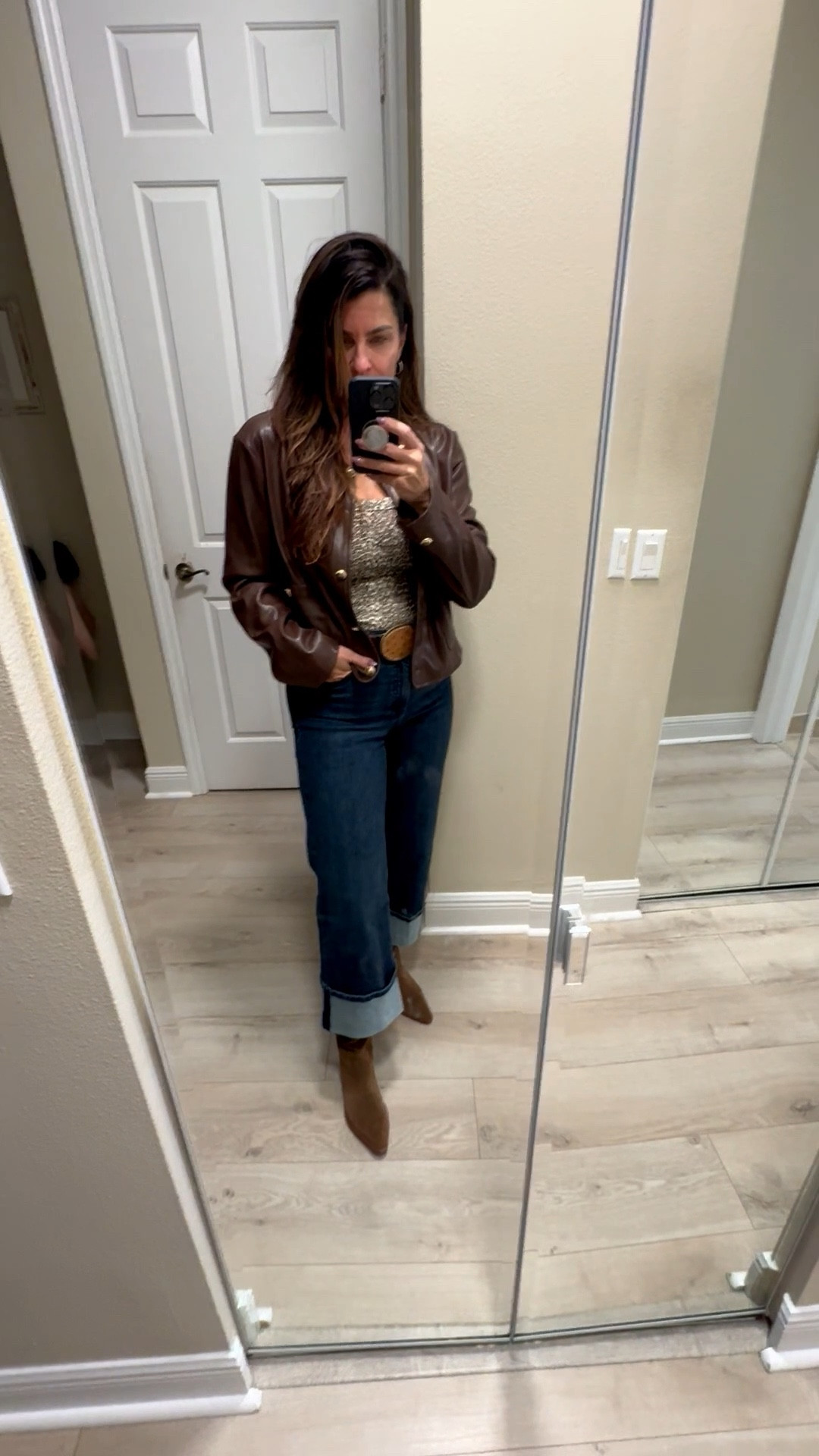 The outfit is centered around these $28 dollar jeans that have great stretch wearing size 6 but could size down. They are 27” inseam which is cropped on me at 5’8 but look great paired with tall boots and easily transition to warmer months with sandals or sneakers. A leopard tank and faux leather jacket (can’t link this jacket but similar linked below) dress this look up. Belt Buckle by Beth’s Buckles on insta 🔥 #walmartfashion #walmartfinds #amazon @walmart @amazon

#LTKStyleTip #LTKmomlife #LTKOver40
