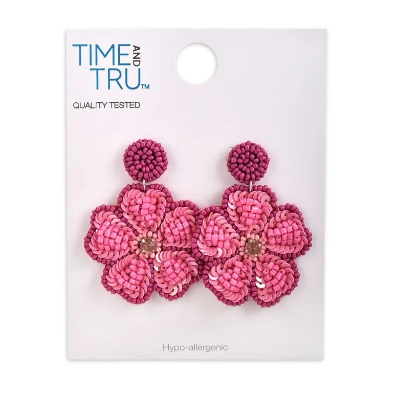 Time and Tru Female Adult Silver-Tone Fuschia Flower Seedbead Drop Earring | Walmart (US)