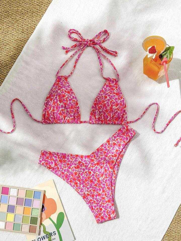New Soft Cute Halter Tie Back Floral Print Bikini Set, Fashion Beach Swimming Suit For Women, For Summer Vacation | SHEIN