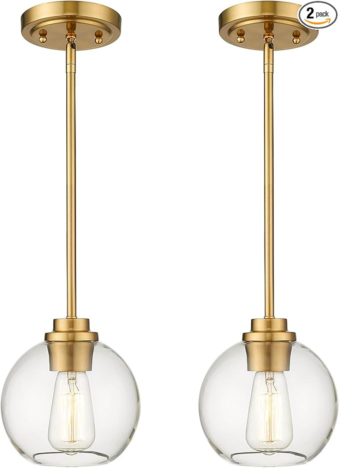 Brass Pendant Lights Kitchen Island 2 Pack, Farmhouse Gold Pendant Light with Clear Glass Globe S... | Amazon (US)