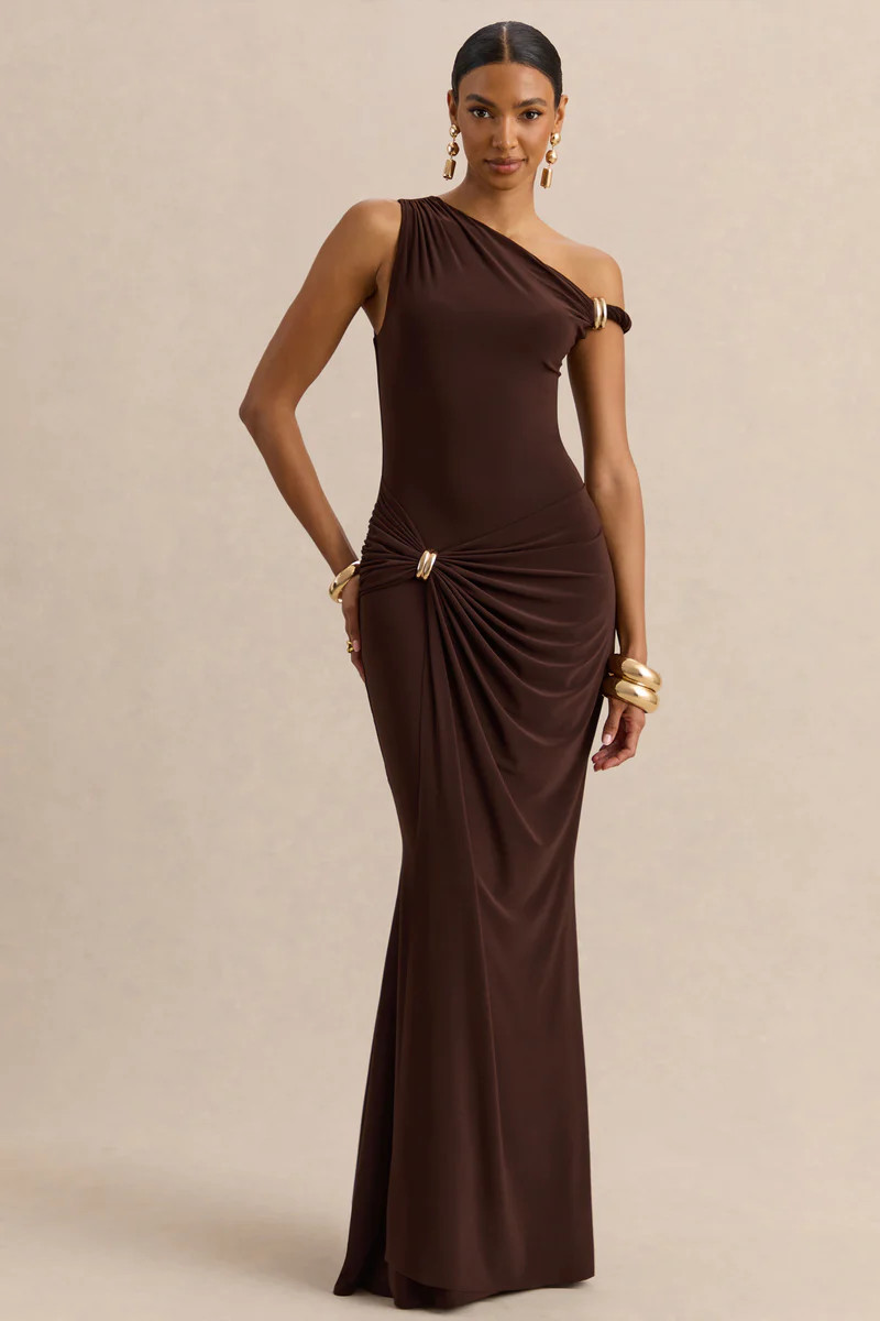 Caelia  Brown Asymmetric-Neck Maxi Dress With Gold-Detailing And Sash | Club L London