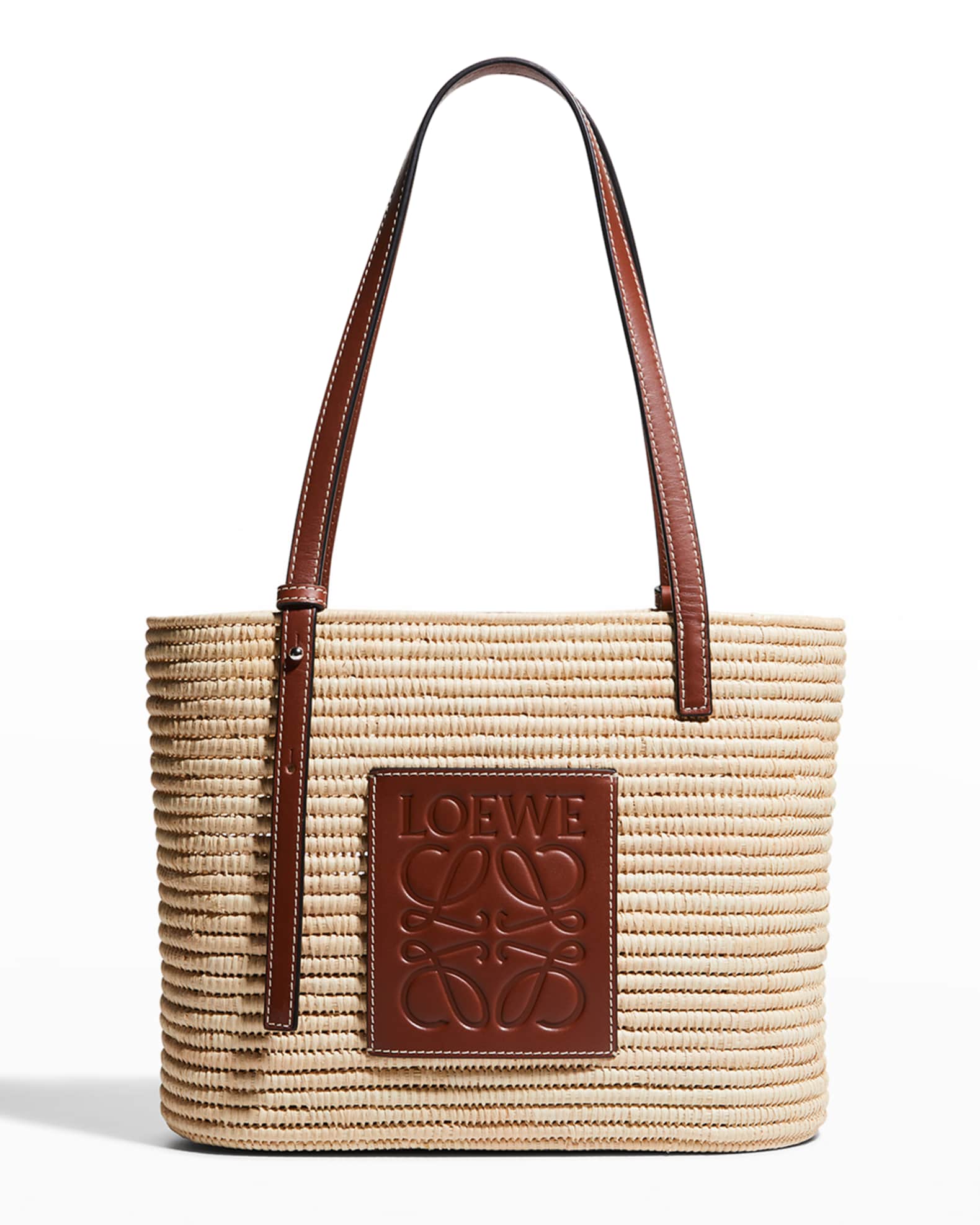 x Paula's Ibiza Square Basket Small Bag in Raffia with Leather Handles | Neiman Marcus