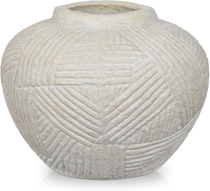 5" Rustic Ceramic Vase for Flowers with Linear Sculpture, Round Terracotta Vase in Retro Farmhous... | Amazon (US)