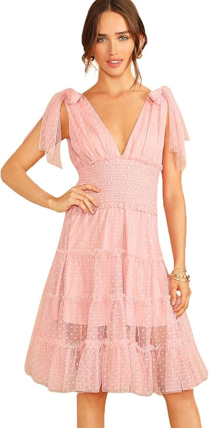 Milumia Women Plunging V Neck Mesh Layer Ruffle Hem Shirred Date Midi Dress | Amazon (US)