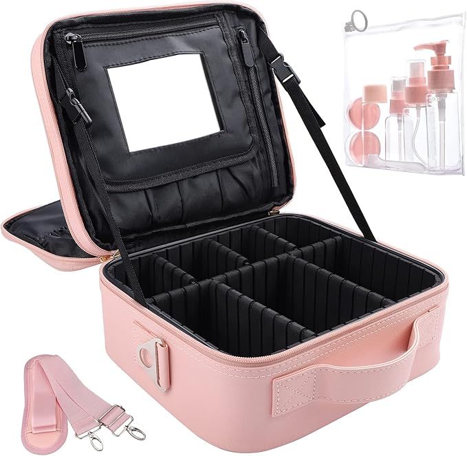 OEWOER PU Leather Travel Makeup Bag 10.2 Inches Makeup Organizer Case Portable Makeup Train Case ... | Amazon (US)