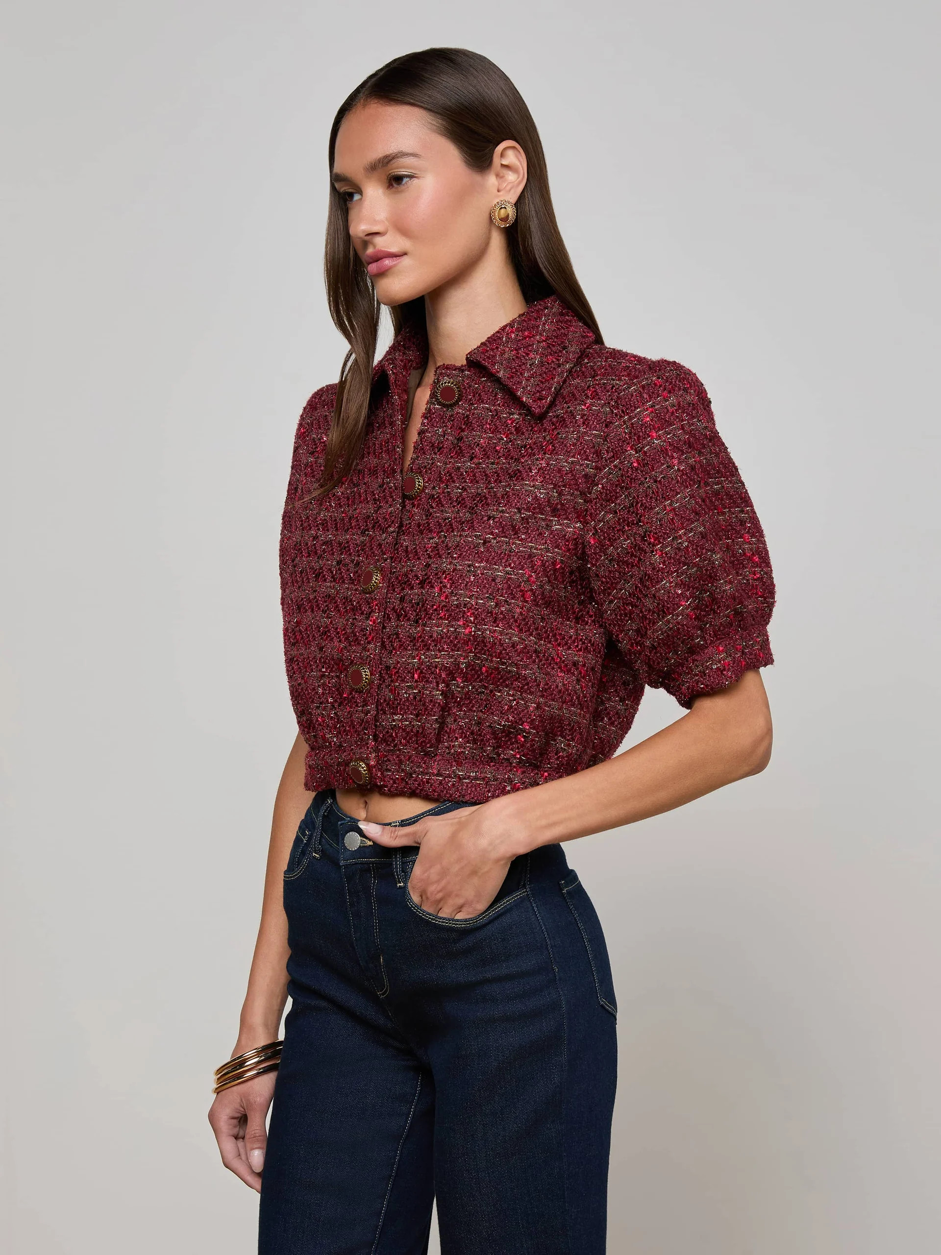 Cove Cropped Tweed Jacket in Brown/Black Cherry Multi Tweed | L'AGENCE | L'Agence