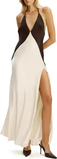 Yve Contrast Halter Open Back Satin Maxi Slipdress | Nordstrom
