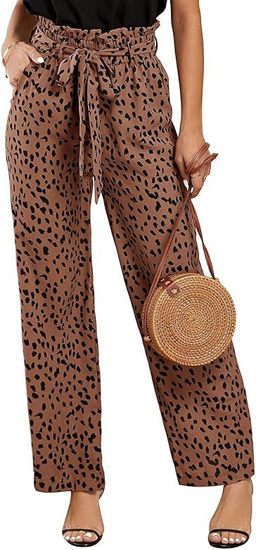 SySea Womens High Waisted Leopard Print Palazzo Pants Belted Wide Leg Long Trousers with Pockets | Amazon (US)