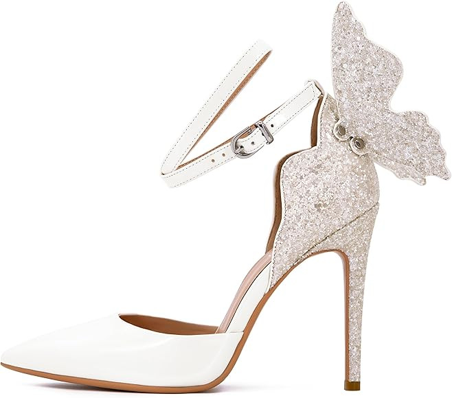 FINDVELL Gold High Heels Butterfly Back Sexy Stiletto Pumps Closed Toe Sparkly Ankle Strap Heels Sandals Dress Shoes for Women | Amazon (US)