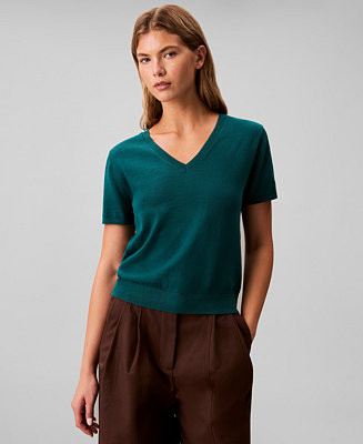 Calvin Klein Women's Short Sleeve V-Neck Sweater - Macy's | Macy's