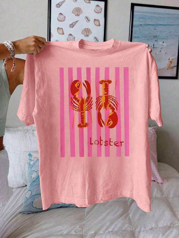 Plus Size Women's Round Neck Casual Short Sleeve T-Shirt With Lobster Seafood Print | SHEIN