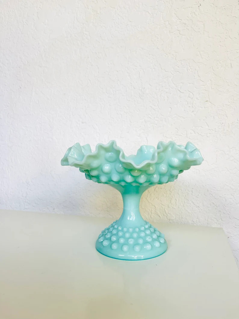 Stunning Fenton Blue Milk Glass Ruffled Hobnail Pedestal Bowl | Etsy | Etsy (US)