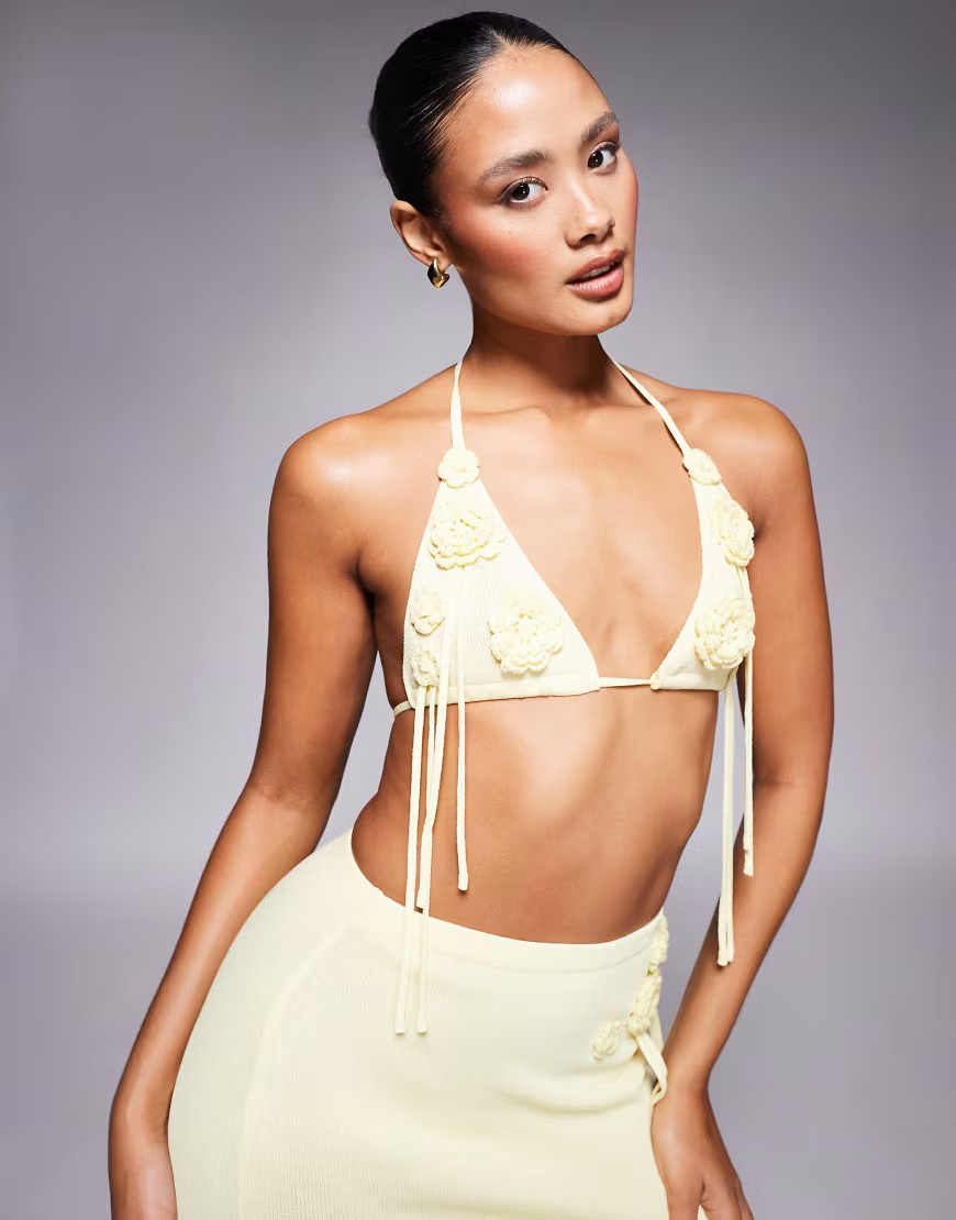 Wanderdoll Peony knitted corsage tassel detail bralette top co-ord in lemon-Yellow | ASOS (Global)