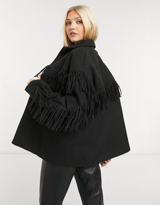 In The Style x Megan Mckenna fringe jacket in black | ASOS (Global)