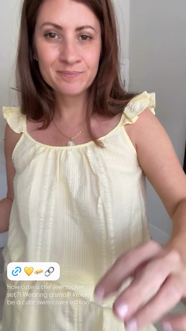 How cute is the seersucker set?! Wearing a small! Would be a cute swim cover up too!