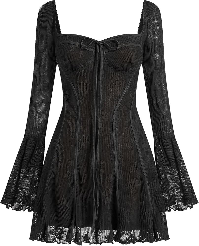 Women's Short Corset Y2k Mini Dress Long Sleeve Low Cut Lace Dress Vintage Solid Floral Party Dre... | Amazon (US)