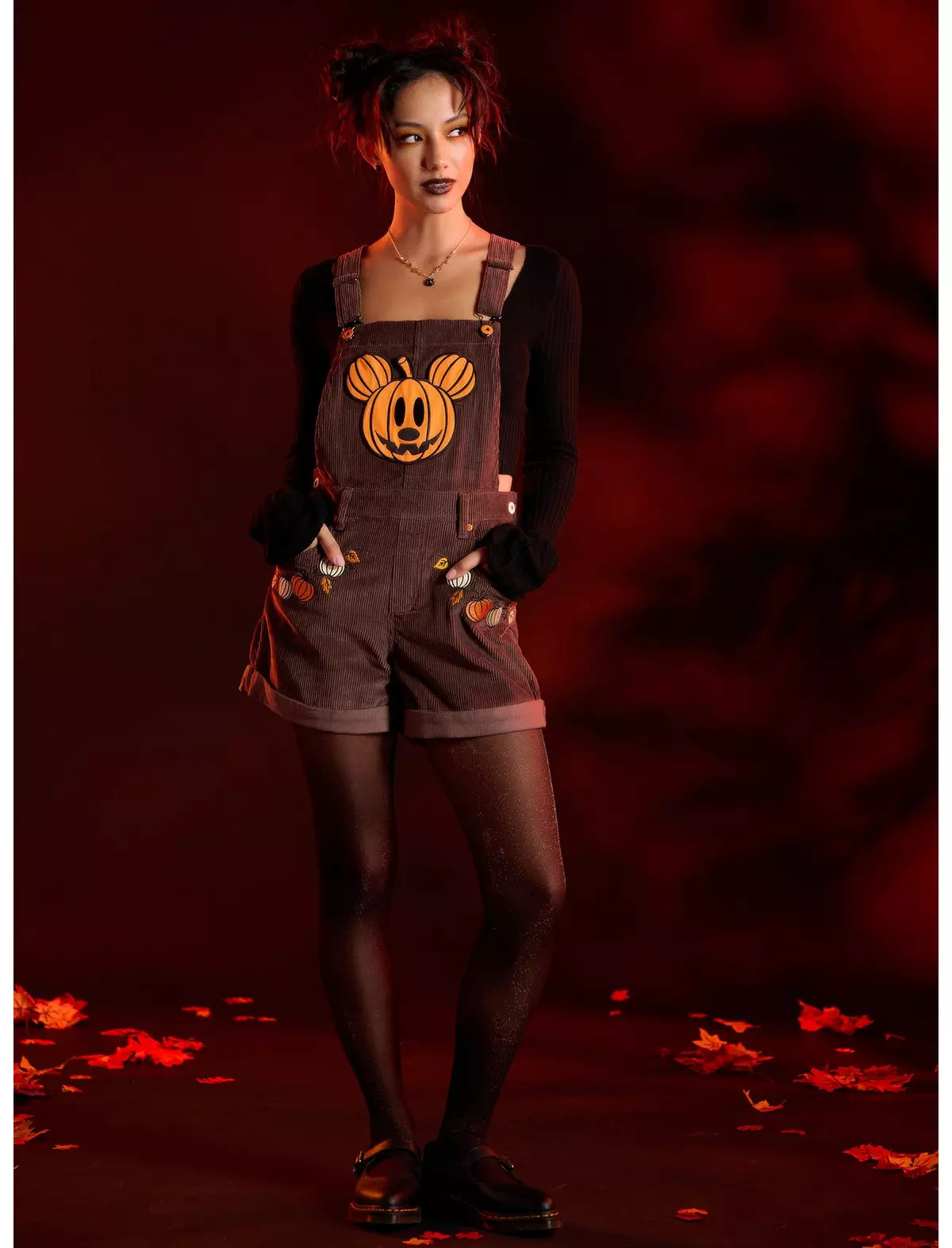 Her Universe Disney Halloween Pumpkin Mickey Mouse Shortalls | Hot Topic | Hot Topic