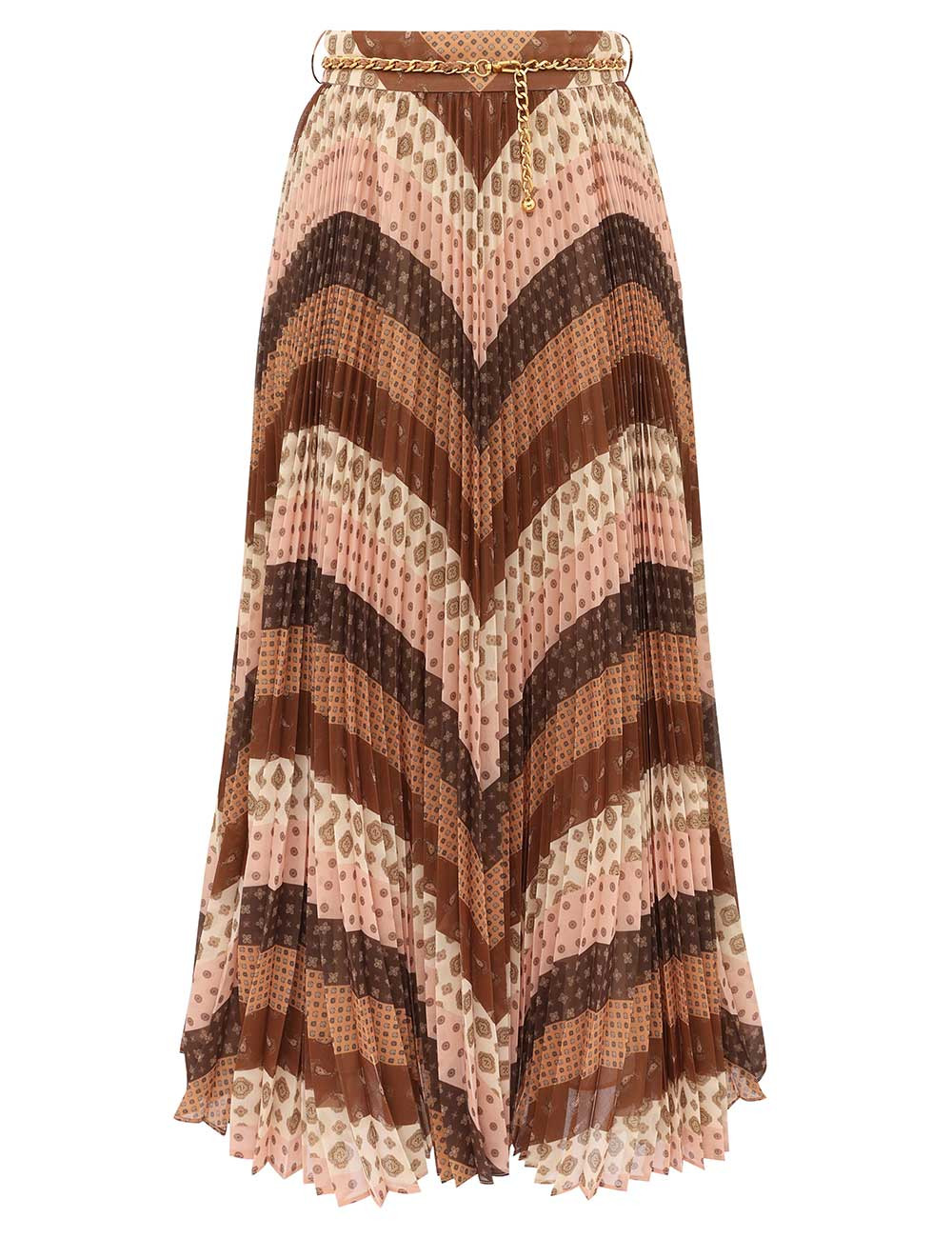 ZIMMERMANN Sunray Pleated Skirt Chevron Chocolate Size 4 | ZIMMERMANN (US, CA, EU, MENA)