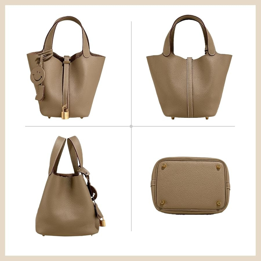 Genuine Leather Handbags for Women Bucket Bags Fashionable Lock Buckle Design The Leather Tote Ba... | Amazon (US)